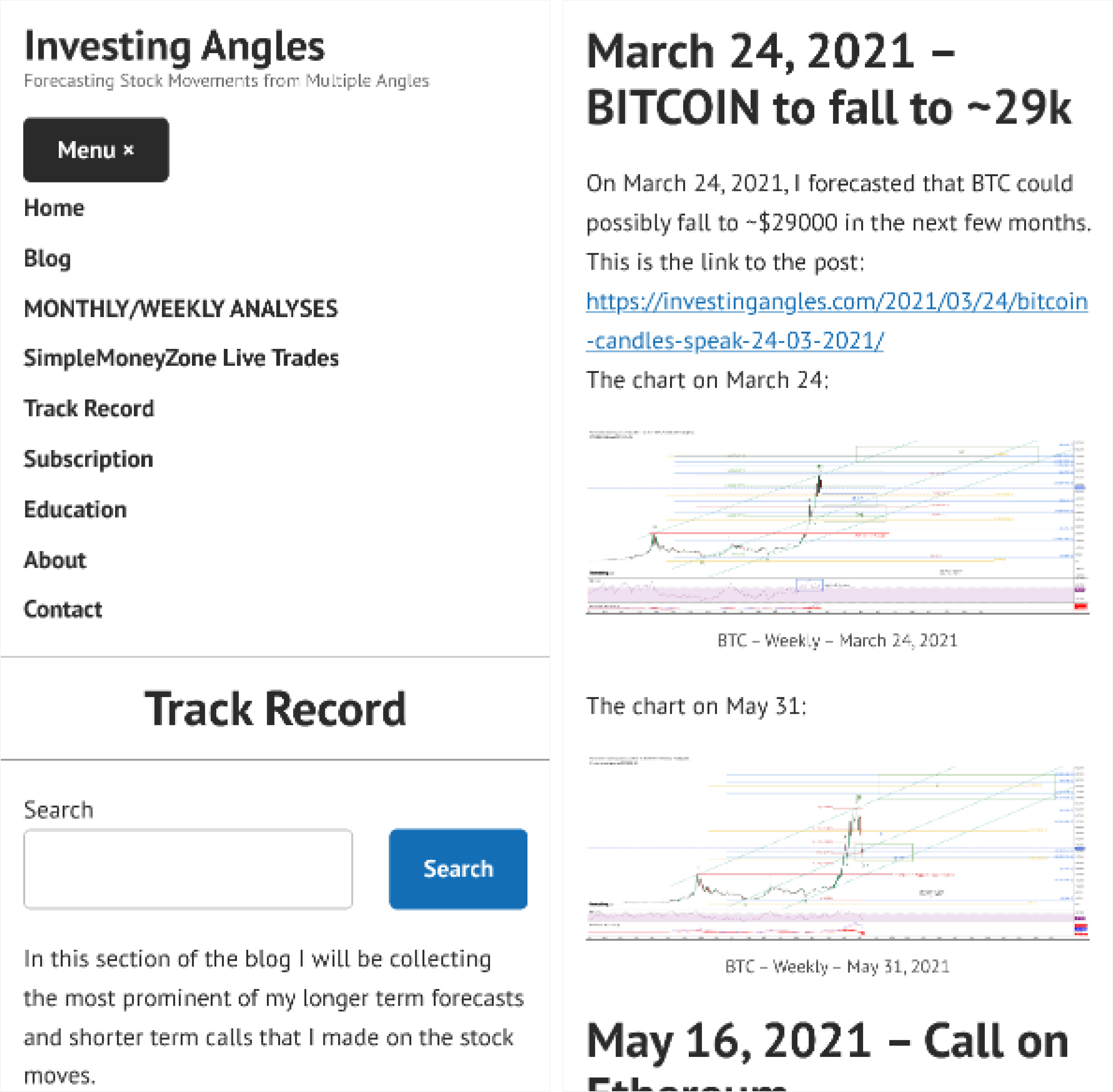 Two screenshots of investingangles.com on mobile device: first image is with an open menu, second image is home page with blog posts.