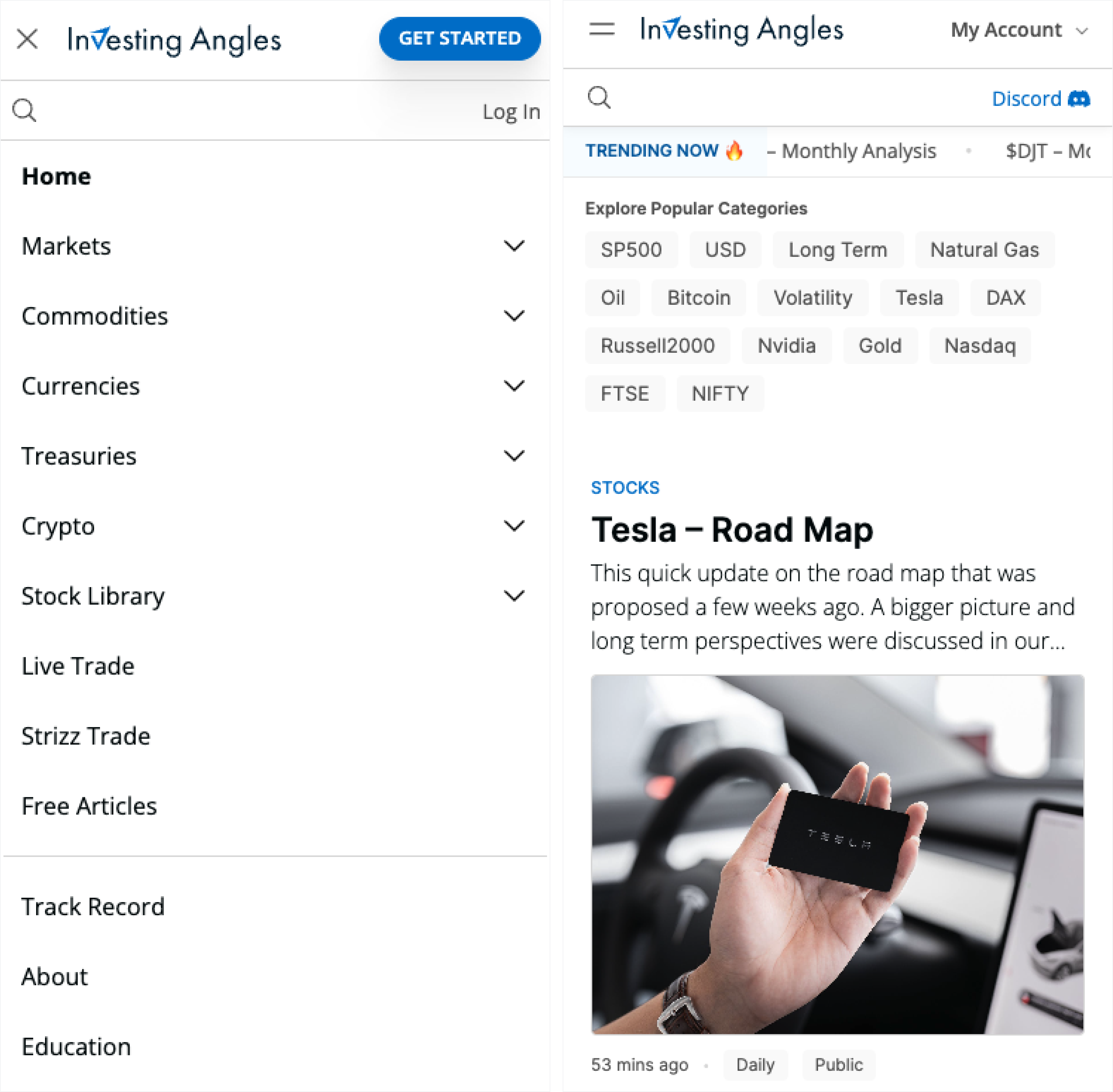 Two screenshots of redesigned investingangles.com on mobile device: first image is with an open menu, second image is home page with blog posts.